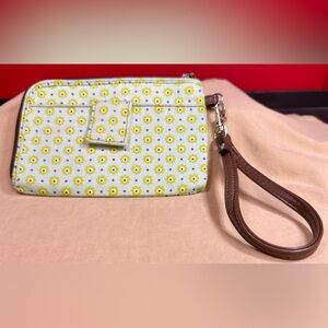 Thirty-One Canvas Wristlet, Detachable Wrist Strap Green, Brown, Floral Pattern
